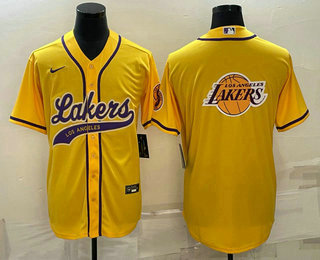 Mens Los Angeles Lakers Yellow Team Big Logo Cool Base Stitched Baseball Jersey->->NBA Jersey